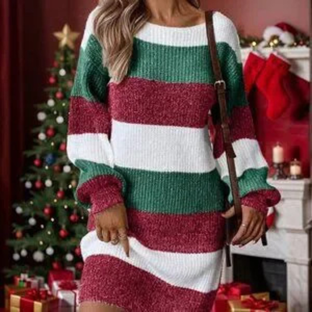 ZARA Multicolor Casual Women's Color lock Striped Lantern Sleeve Sweater Dress